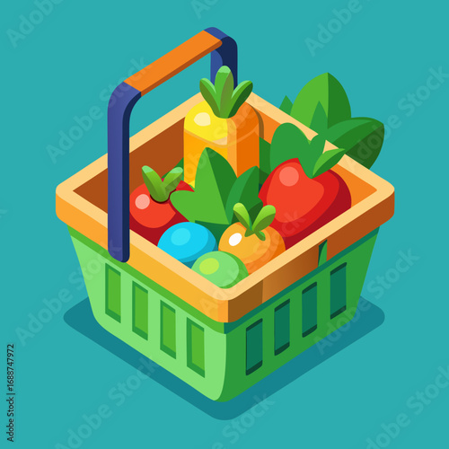 3D isometric grocery basket filled with colorful vegetables.