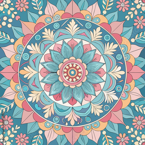 Boho floral mandala repeating pattern, pastel tones.