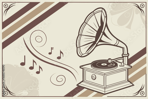 Retro gramophone illustration with floral decorative swirls and music notes