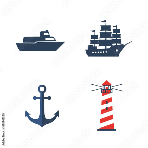 Nautical icons: yacht, sailing ship, anchor, lighthouse.