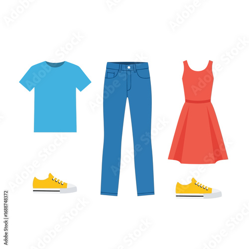 Simple flatlay showcasing casual clothing items for men and women.