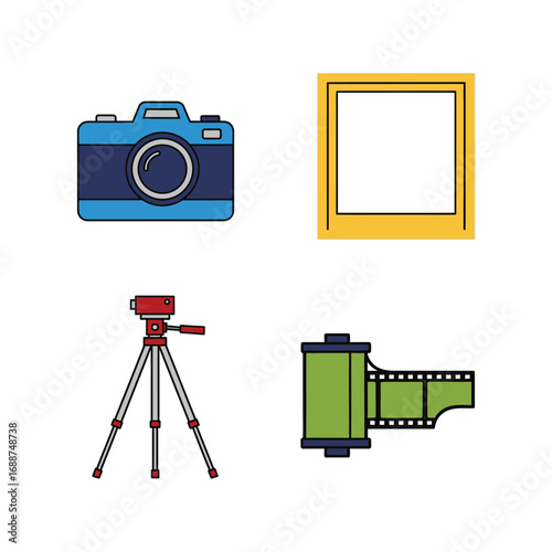 Photography equipment icons: camera, frame, tripod, film roll.
