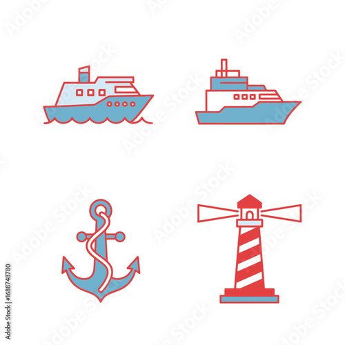 Four nautical icons: ship, yacht, anchor, lighthouse.
