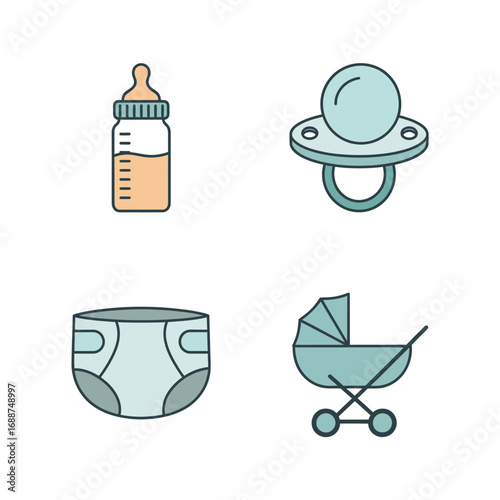 Baby care items icons: bottle, pacifier, diaper, stroller.