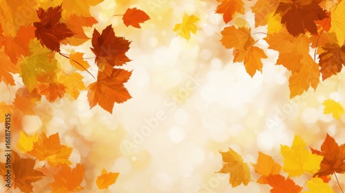 Bright orange and yellow leaves fill the top area of the composition, creating a warm autumn feel against a softly glowing, light background that suggests a serene day.