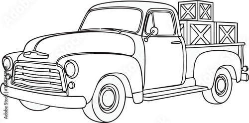Vintage pickup truck, line drawing, carrying wooden crates in its bed.