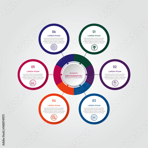 Marketing process visualization timeline diagram | Business data representation with white circle diagram with icon | 3d centre radial 6 steps colorful flowchart   for business