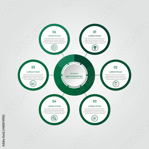 Marketing process visualization timeline diagram | Business data representation with white circle diagram with icon | 3d centre radial 6 steps green flowchart   for business