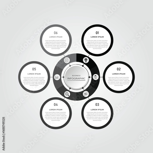 Marketing process visualization timeline diagram | Business data representation with white circle diagram with icon | 3d centre radial 6 steps Gray flowchart   for business