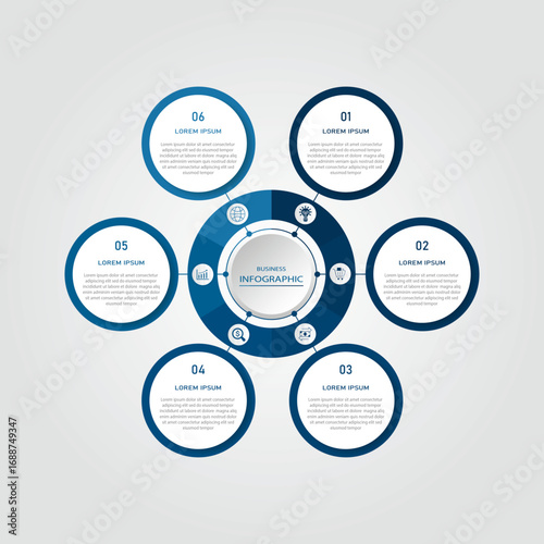 Marketing process visualization timeline diagram | Business data representation with white circle diagram with icon | 3d centre radial 6 steps or options flowchart   for business