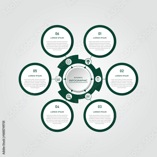 Business progress or process visualization with 6 steps circular white diagrams | Infographic green radial wheel marketing chart | Modern abstract innovation for presentation, report
