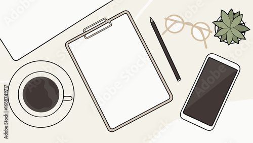 Flat lay workspace mockup with clipboard coffee phone and succulent plant.