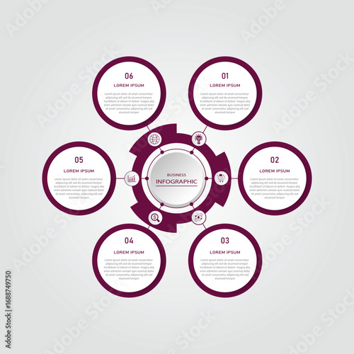 Business progress or process visualization with 6 steps circular white diagrams | Infographic eminence radial wheel marketing chart | Modern abstract innovation for presentation, report