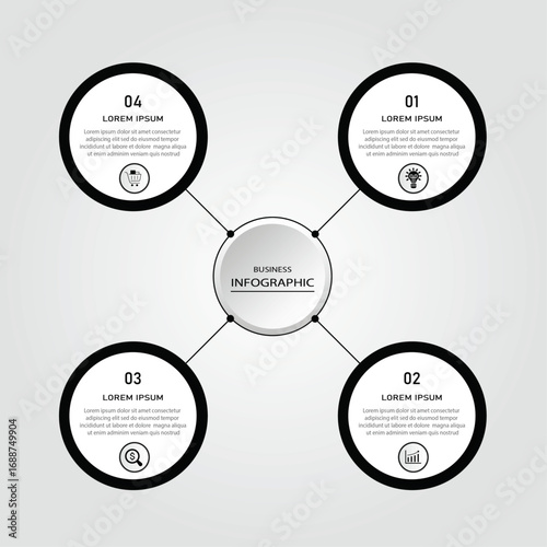Business progress or process visualization with 4 steps circular white diagrams | Infographic black radial wheel marketing chart | Modern abstract innovation for presentation, report