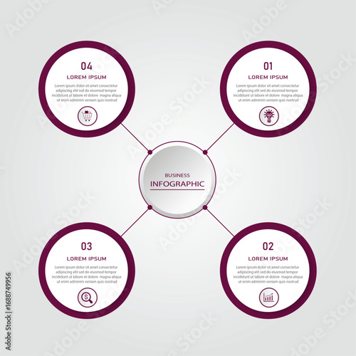 Business progress or process visualization with 4 steps circular white diagrams | Infographic eminence radial wheel marketing chart | Modern abstract innovation for presentation, report