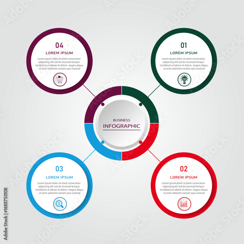 Business progress or process visualization with 4 steps circular white diagrams | Infographic colourful radial wheel marketing chart | Modern abstract innovation for presentation, report