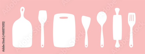 Minimalist white kitchenware vector – kitchen tools on pink background, perfect for restaurant branding, cooking classes, and culinary design projects.