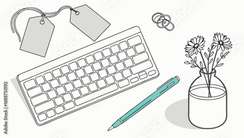 Flatlay illustration of workspace with keyboard flowers and tags.