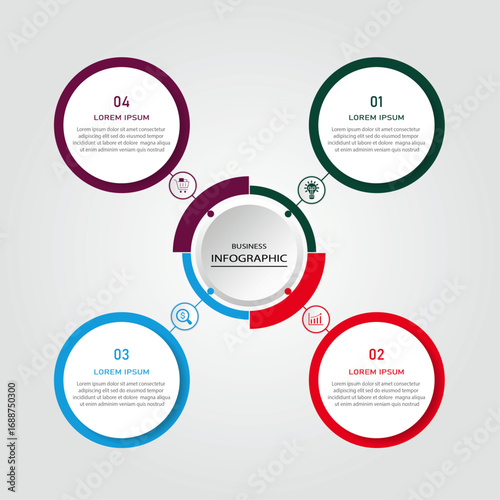Business progress or process visualization with 3 steps circular white diagrams | Infographic medallic radial wheel marketing chart | Modern abstract innovation for presentation, report