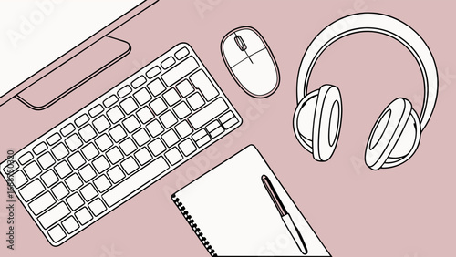 Flatlay of Workspace Essentials Computer Keyboard Mouse Headphones and Notebook Illustration.