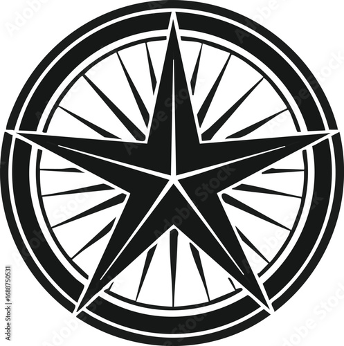 A stylized black and white graphic of a five-pointed star enclosed within a circular border, with radiating lines emanating from the star's center.