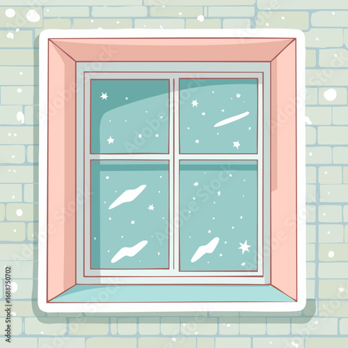 Vector sticker shapes with peeled corners stacked around portrait window