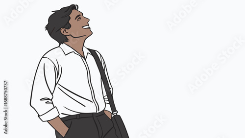 Happy businessman looking up illustration profile white shirt copy space.