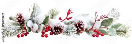 Frosted winter berries and pine branches with snow-covered pine cones on white background