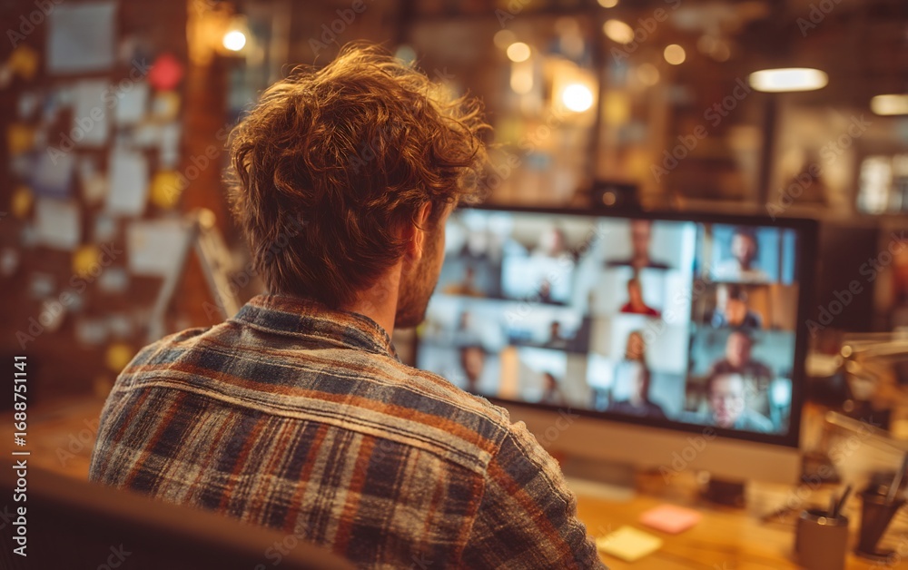 Fototapeta premium Casual work environment with team members participating in video conference while watching television