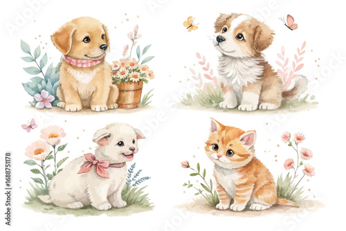 Cute Watercolor Puppy and Kitten Illustration Isolated on White