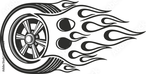 A stylized illustration of a car wheel engulfed in flames, symbolizing speed and power.