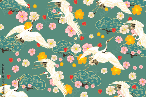 Seamless Japanese art with cranes, cherry blossoms and bonsai