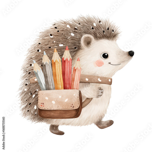 Cute hedgehog with backpack full of colorful pencils ready for back to school adventures