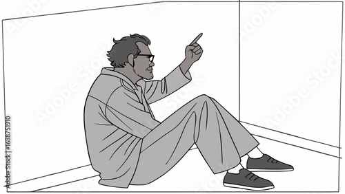 Illustration of a person sitting in a corner pointing upwards.