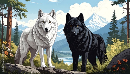 Two wolves in a mountainous landscape