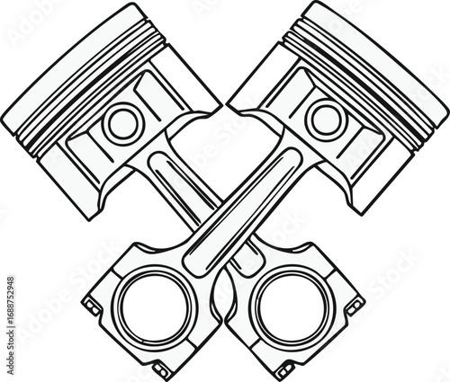 Two pistons and connecting rods are crossed, forming an X shape, depicted in a simple, clean black and white line drawing.