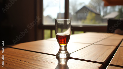 Glass of cognac on wooden table in the sunlight. Shot glass.