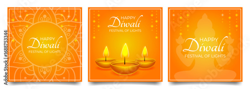 Happy Diwali greeting card set with diya lamps, mandala and goddess Lakshmi silhouette. Festival of Lights vector illustration collection.
