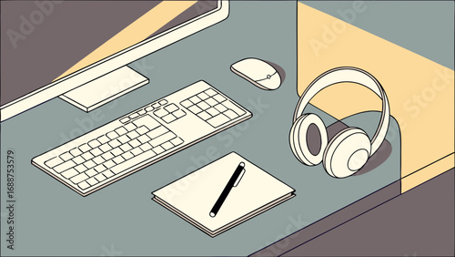 Modern workspace illustration computer keyboard headphones notebook and pen isometric view.