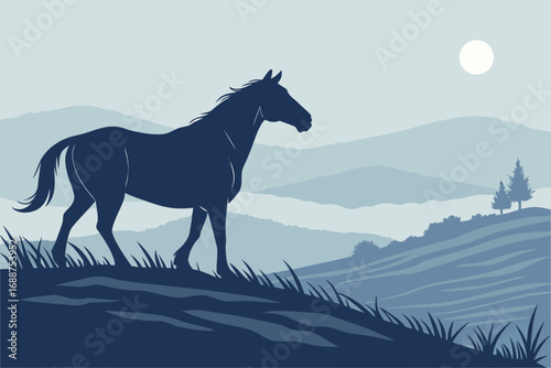 Silhouette of a horse standing on a hill at sunset with rolling hills in the background