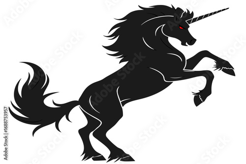 Black unicorn rearing up with red eyes and a flowing mane and tail