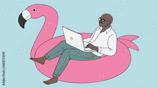 Person relaxing on inflatable flamingo working on laptop summer vacation remote work freelance digital nomad tropical summer holiday beach fun leisure technology computer internet online work from an.