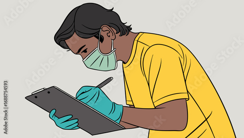 Person in face mask writing on clipboard.
