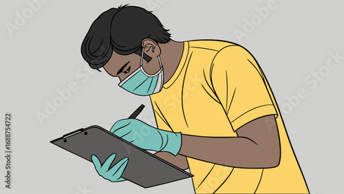 Person wearing a mask and gloves writing on a clipboard.