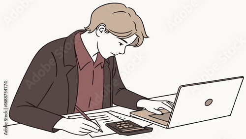 Person working at a desk with laptop calculator and documents.