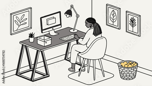 Person working at home office desk with computer isometric illustration.