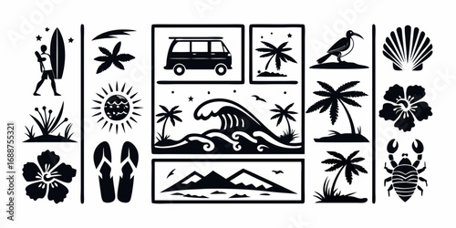 Collection of tropical beach and summer vacation icons and silhouettes
