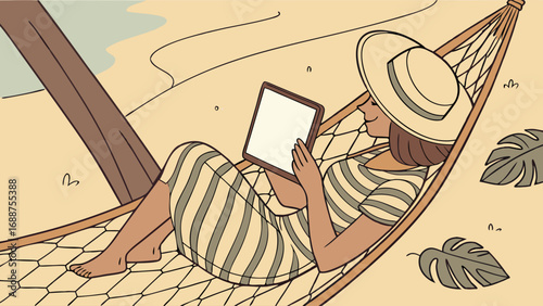 Relaxing in a Hammock with a Tablet Summer Vacation Illustration Tropical Beach Scene.