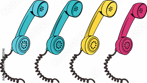 Retro Telephone Handsets Colorful Communication Icons Vintage Phone Receivers 80s Style Illustration.
