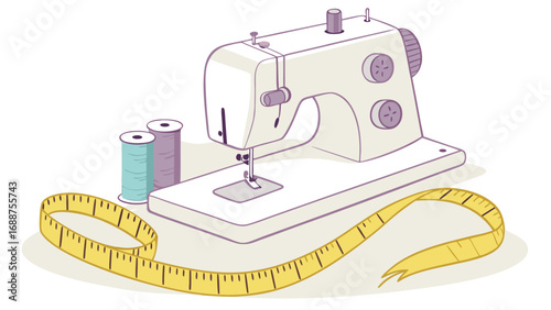 Sewing machine measuring tape thread spools crafting handmade tailor fashion design sewing kit needlework textile fabric clothing garment dressmaking hobby DIY craft supplies sewing tools atelier tai.